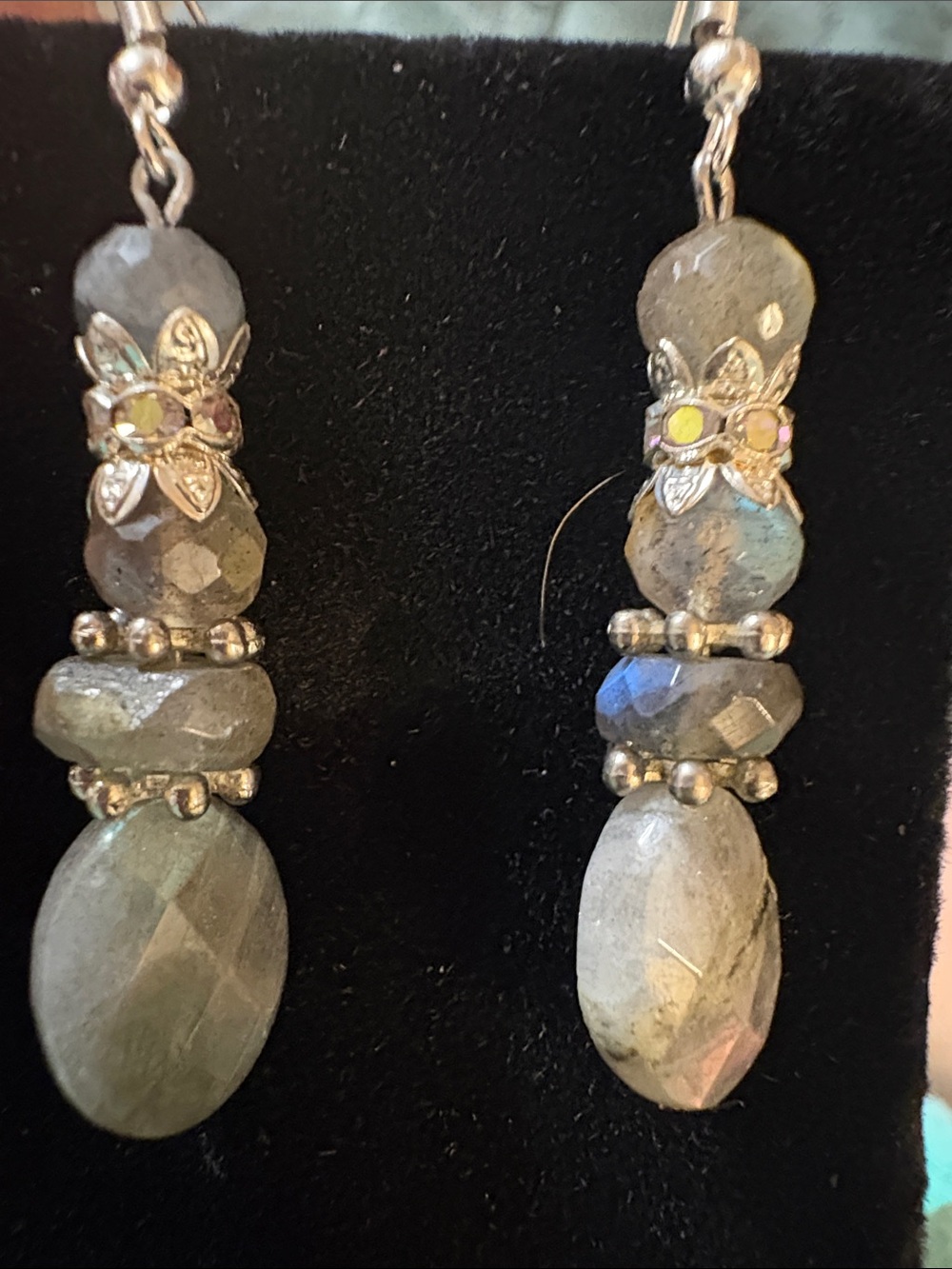 Hand Crafted Labradorite Drop Earrings in Gray with Silver Accents